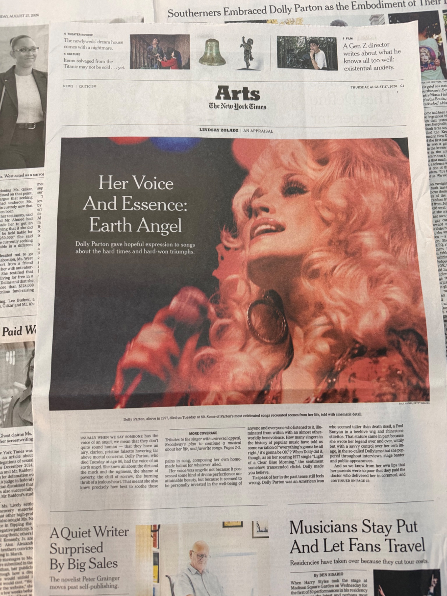 New York Times front page with Dolly Parton’s obituary, photographed by Brad Luttrell.