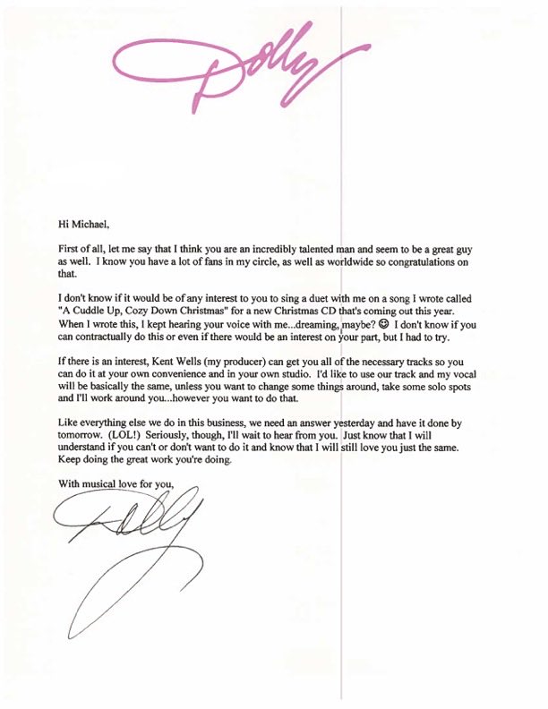 Dolly Parton’s letter to Michael Bublé on her pink Dolly stationery, signed Dolly, asking him to sing a duet.