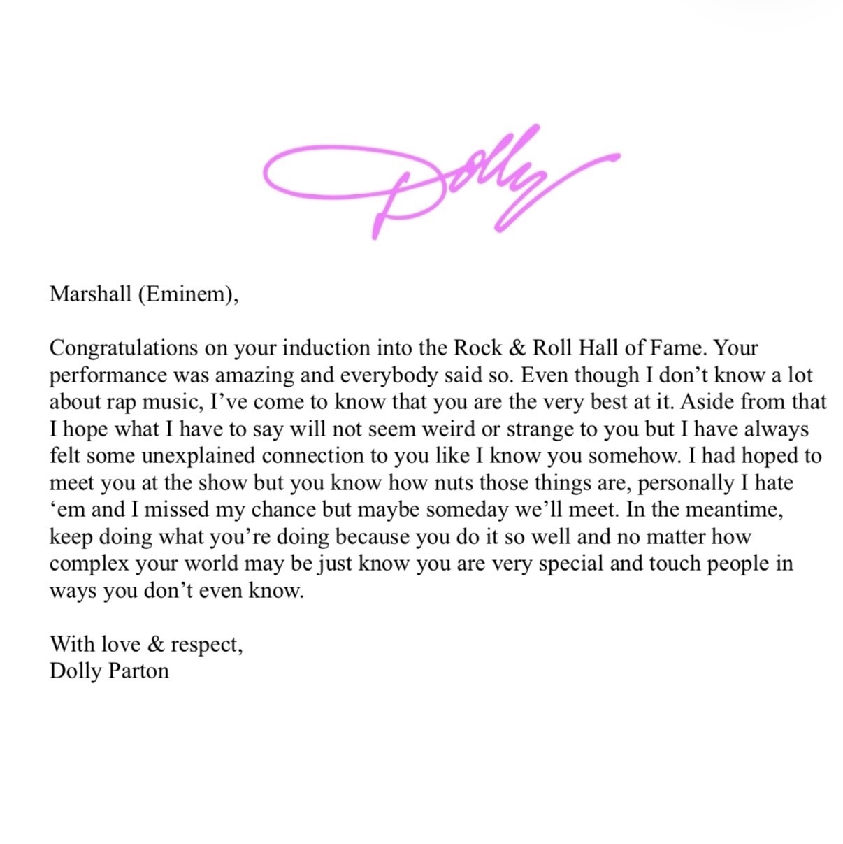 A typed letter from Dolly Parton to Marshall (Eminem), signed With love & respect, Dolly Parton, with her pink Dolly script at the top.