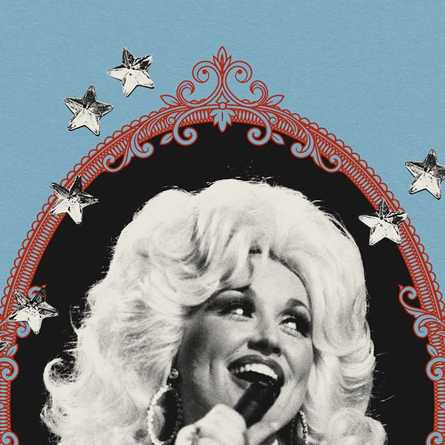 Illustrated collage of Dolly Parton at a microphone, from The Atlantic on Instagram.