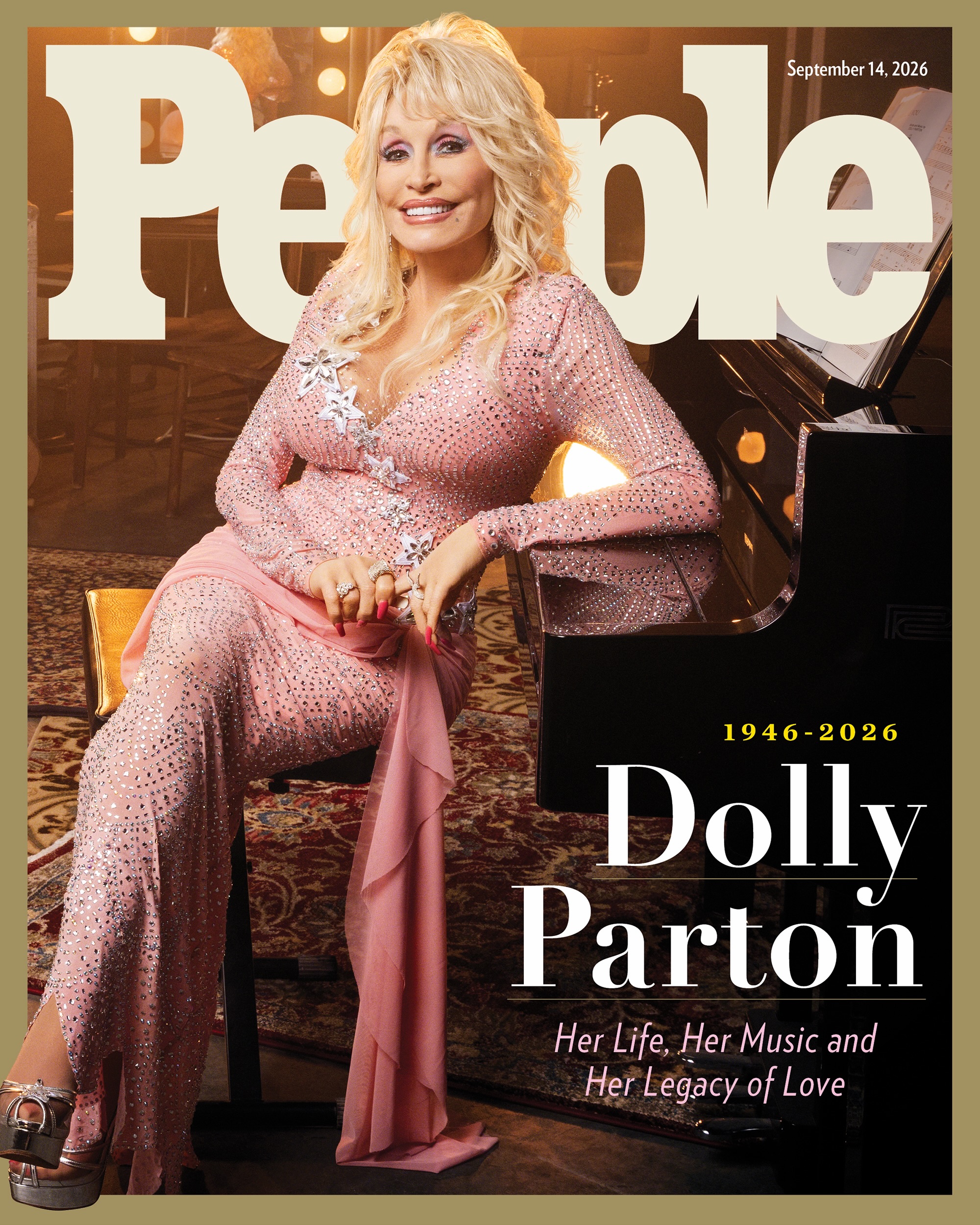People magazine cover, September 14, 2026, Dolly Parton in a pink rhinestone gown at a piano.