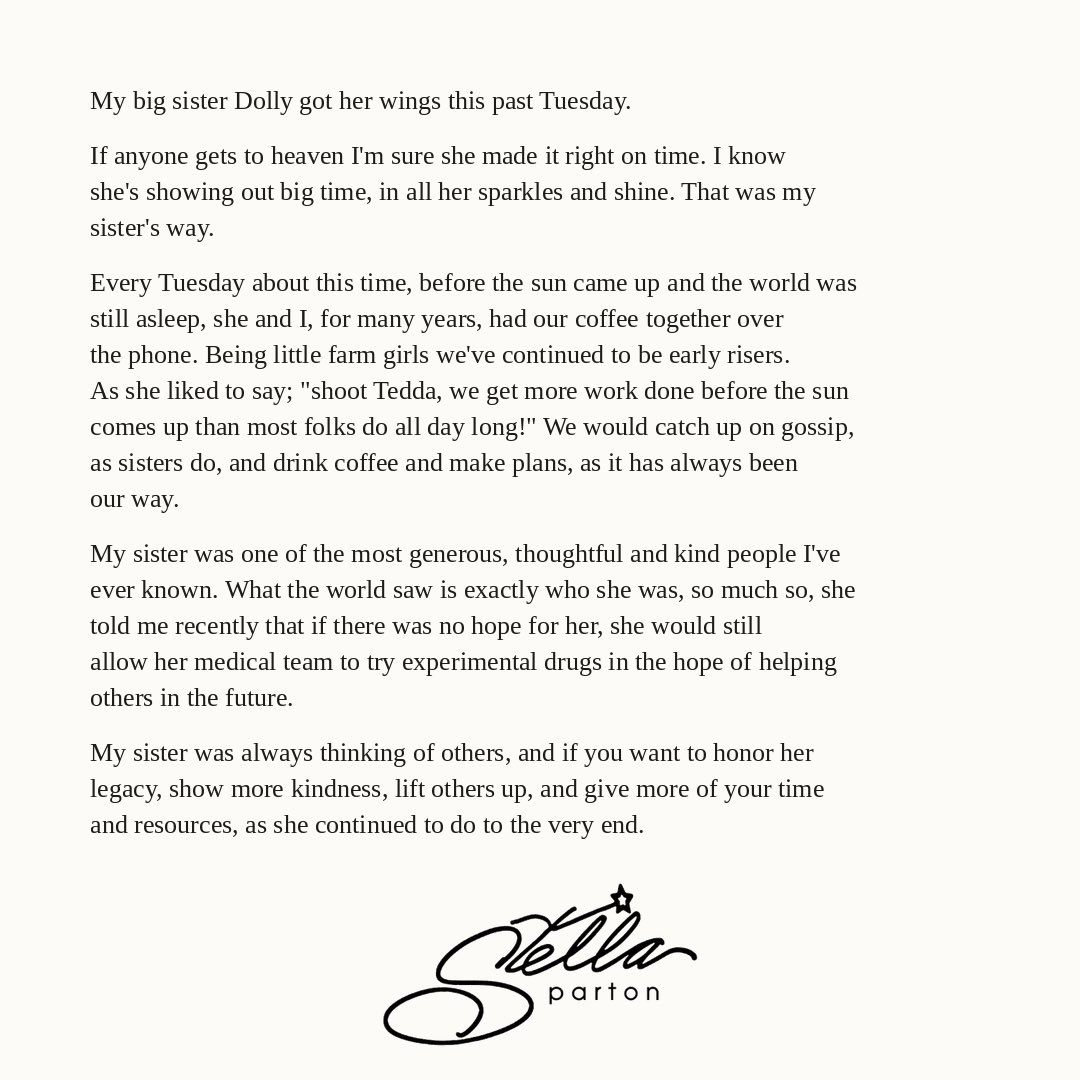 Stella Parton’s first note on Dolly getting her wings.