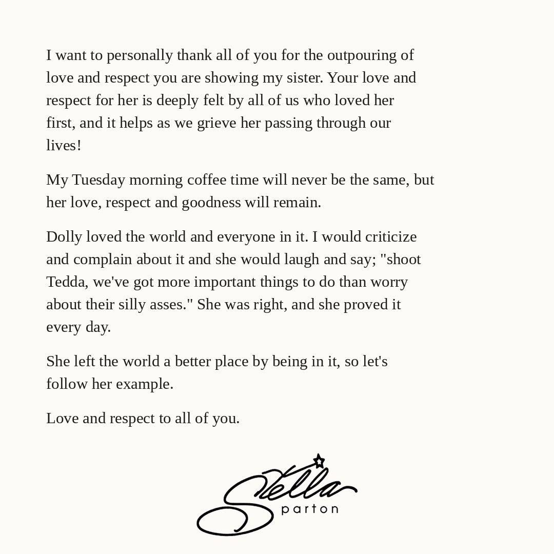 Stella Parton’s second note, thanking people for their love.