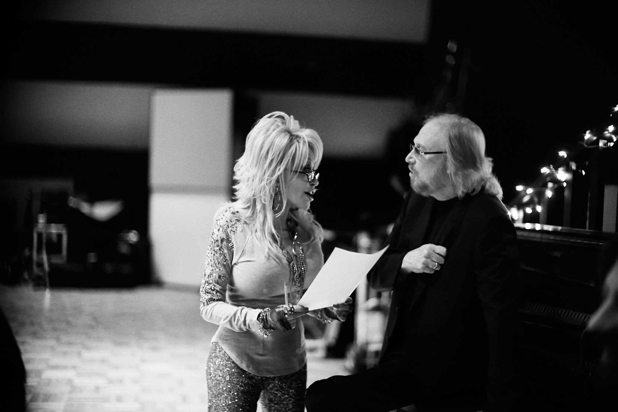 Barry Gibb and Dolly Parton at a microphone, from Barry Gibb.